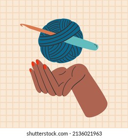 Crocheting conceptual hand-drawn illustration. Dark skin female hand holding yarn and hook. Vector art