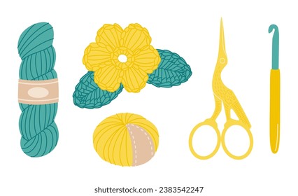 Crocheting hobby. Crochet flower with yarn skeins, hook and crane shaped scissors for hand craft. Flat style illustration