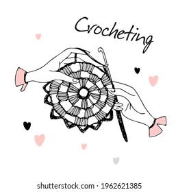 Crocheting.Hands knitting a napkin. Logo. Vector.