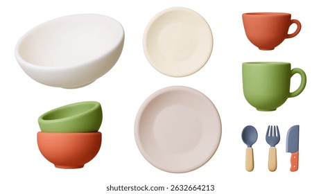 Crockery 3d. Empty white bowl, plates, cups for tea, coffee, cacao, utensils. Isolated realistic kitchen set for food, lunch, dinner, vector clipart