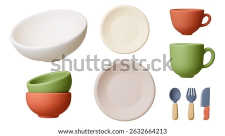 Crockery 3d. Empty white bowl, plates, cups for tea, coffee, cacao, utensils. Isolated realistic kitchen set for food, lunch, dinner, vector clipart
