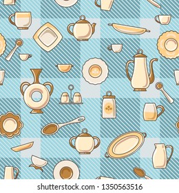 Crockery background. Watercolor tableware for home kitchen and cooking bowl dish ceramic cup pitcher creamer vector seamless pattern