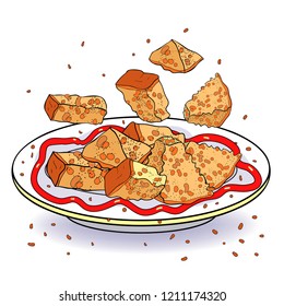 the crockery bowl dish with appetizer bread croutons  vector illustration