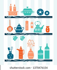 Crockery in bright modern hand drawn style. Elements for Design. Home Kitchen. Vector Set. 