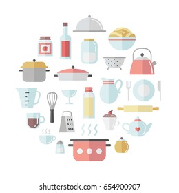 Crockery and cooking cute flat circle vector illustration.
