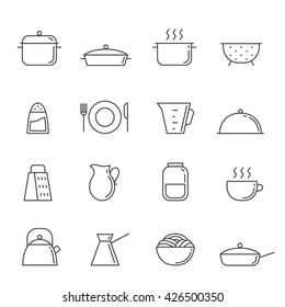 Crockery And Cooking Icon Set. Clean And Simple Outline Design.