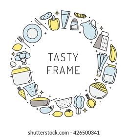 Crockery and cooking multicolored circle frame illustration. Clean and simple outline design. Part one.