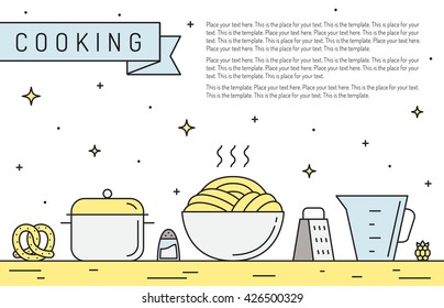 Crockery and cooking multicolored horizontal illustration. Clean and simple outline design. Dishes and food on the table. Part one.