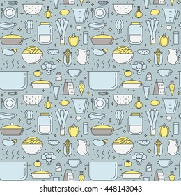 Crockery and cooking (tea and coffee) multicolored seamless vector pattern (yellow). Clean and simple outline design.