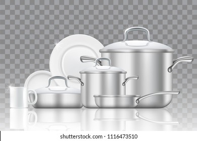 Crockery And Cookware Icon Set. Vector Realistic Dishes, Cup, Frying Pan, Saucepan Isolated On Transparent Background.