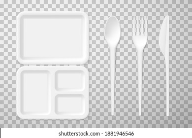 Crockery, cutlery disposable white realistic set. Plastic tableware, rectangular dishes, containers collection. Plates, knife, fork, spoon empty templates. Vector illustration isolated on transparent.