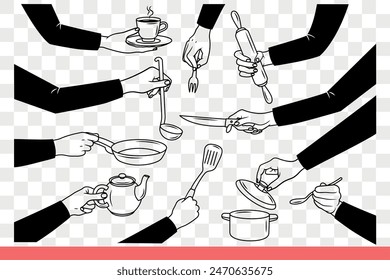 Crockery and cutlery in hands people using pots and kettle or fork with knife to prepare and eat food. Kitchen utensils for housewife or restaurant kitchen with professional chefs. Hand drawn doodle