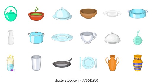 Crockery icon set. Cartoon set of crockery vector icons for web design isolated on white background