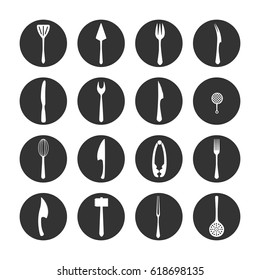 Crockery icon set vector illustration. White crokery elements on black rounds