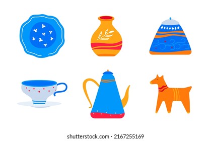 Crockery and kitchen utensils - flat design style icons set. High quality colorful images of dinner plate, tea cup and saucer, vase, sugar bowl, teapot and decorative clay whistle. Pottery idea