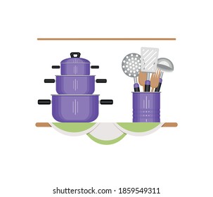Vajilla y utensilios de cocina. Imagen multicolor sobre fondo blanco. Elemento de diseño. Hay espacio para el texto. Ilustración vectorial.