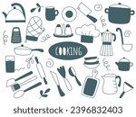 Crockery and kitchenware doodle sketch style set. Cooking and kitchen simple hand drawn collection. Kitchen items, equipment and supplies for restaurant or home clip art. Kitchen utensils and dishes