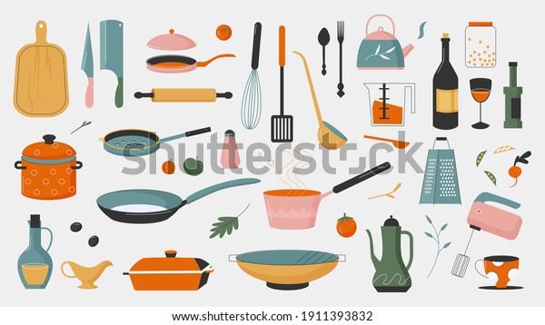 Crockery, kitchenware tools for cooking vector\
illustration set. Cartoon modern ceramic glass or metal home\
kitchen utensils cookware collection with colorful cup jug plate\
pottery, pan teapot