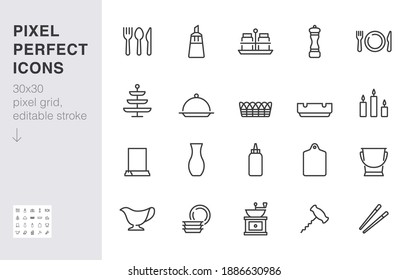 Crockery Line Icon Set. Table Setting - Sugar Bowl, Salt Shaker, Fork, Spoon, Food Sticks, Ashtray Minimal Vector Illustration. Simple Outline Sign Of Tableware. 30x30 Pixel Perfect, Editable Stroke.