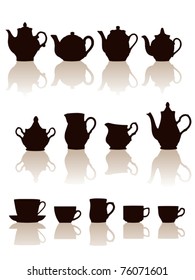 Crockery objects silhouettes set with reflection. Vector illustration.