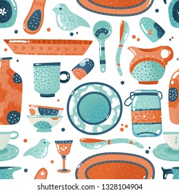 Crockery seamless pattern. Home watercolor kitchen and cooking tableware bowl decorative dish ceramic cup pitcher vector background