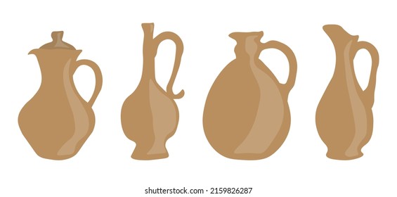Crockery set of clay jug. Set of vector illustrations. Flat design object collection. Retro style decorative elements