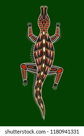 Crocodile. Aboriginal art style. Vector color illustration isolated on green background.