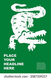 Crocodile. Abstract wild animal poster. Jungle, Forest reptile. Set of contemporary asian art print templates. Ink animals with place for text and green background. Vector