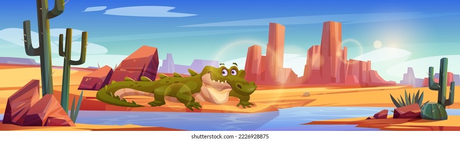 Crocodile in african desert with river, sand, cactuses and mountains. Desert oasis landscape with waterhole and wild reptile animal, vector cartoon illustration