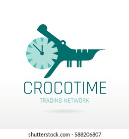 Crocodile alligator animal icon. Text lettering logo. Alarm clock mouth jaw. Abstract template. Isolated on white, modern vector illustration solhouette.