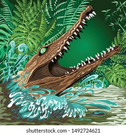 Crocodile Alligator Attack coming out from the Rainforest River Vector illustration 
