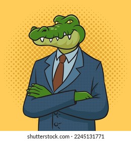 crocodile alligator businessman pinup pop art retro vector illustration. Comic book style imitation.