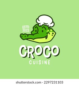 Crocodile Alligator Chef Bakery Restaurant Kitchen Cartoon Mascot Character Logo Vector Icon Illustration