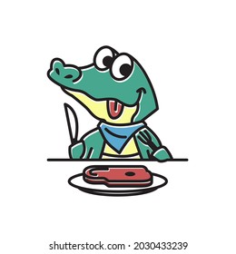 Crocodile Alligator Eating Meat Funny Cute Character Cartoon Mascot