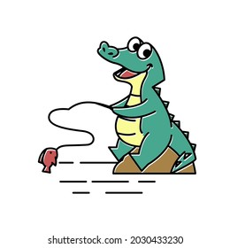 Crocodile Alligator Fishing Fish Funny Cute Character Cartoon Mascot