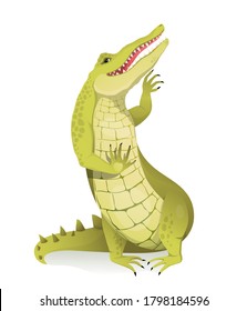 Crocodile or Alligator happy zoo animal standing waving hand greeting and smiling. Fun and colorful gator clip art vector illustration in watercolor hand drawn style.