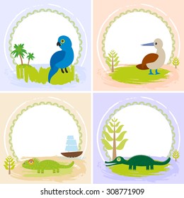 crocodile, alligator, iguana, parrot bird, booby, set of cards design  with funny animals, template banner for your text with round frame. Vector