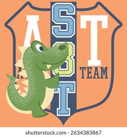 Crocodile or alligator mascot design with a sporty style, textures, text, and patches with varsity numbers and university-themed flags.