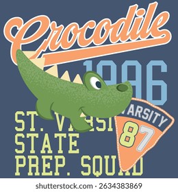 Crocodile or alligator mascot design with a sporty style, textures, text, and patches with varsity numbers and university-themed flags.