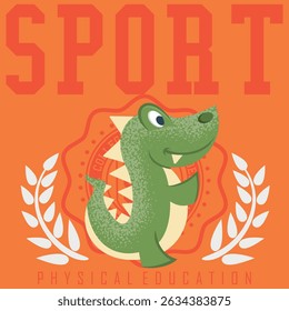 Crocodile or alligator mascot design with a sporty style, textures, text, and patches with varsity numbers and university-themed flags.