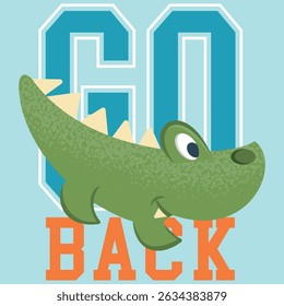 Crocodile or alligator mascot design with a sporty style, textures, text, and patches with varsity numbers and university-themed flags.