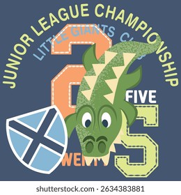 Crocodile or alligator mascot design with a sporty style, textures, text, and patches with varsity numbers and university-themed flags.
