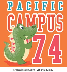 Design de mascote de crocodilo ou jacaré com estilo esportivo, texturas, texto e patches com números de variedade e bandeiras com temas universitários.