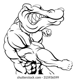 Crocodile or alligator or mascot fighting punching at the viewer with fist clenched