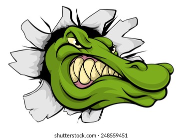 A crocodile or alligator mascot head smashing through a wall