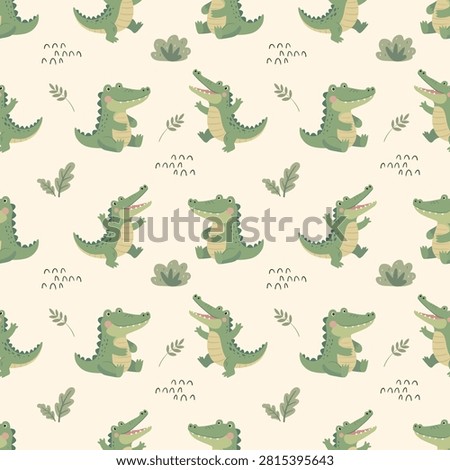 Crocodile Alligator Seamless Pattern, Happy Green Animal Playful Reptile Illustration, Minimalist Muted Pastel Earth Tones Baby Kids Wallpaper Repeatable Surface Design
