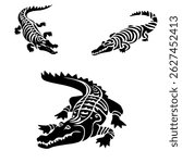 Crocodile or alligator silhouettes. Vector set of sketches in style tribal tattoo