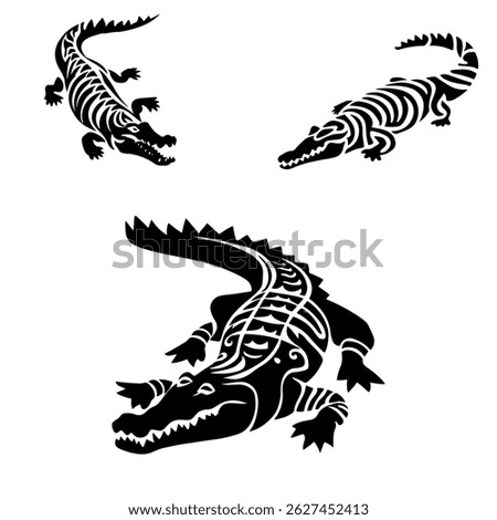 Crocodile or alligator silhouettes. Vector set of sketches in style tribal tattoo