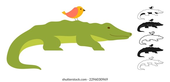 Krokodile Alligator Wild Reptil Cartoon Stil Set. Tropische exotische afrikanische Raubfisch-Seitenansicht Symbol mit Vogel-Linie-Doodle, Silhouette-Sammlung. Abstrakter Vektorgrafik von Fleischfressern