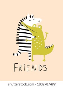 Crocodile or alligator and Zebra hugging friendship, comic Scandinavian cartoon, African animals tolerance funny relationship. Vector illustration.